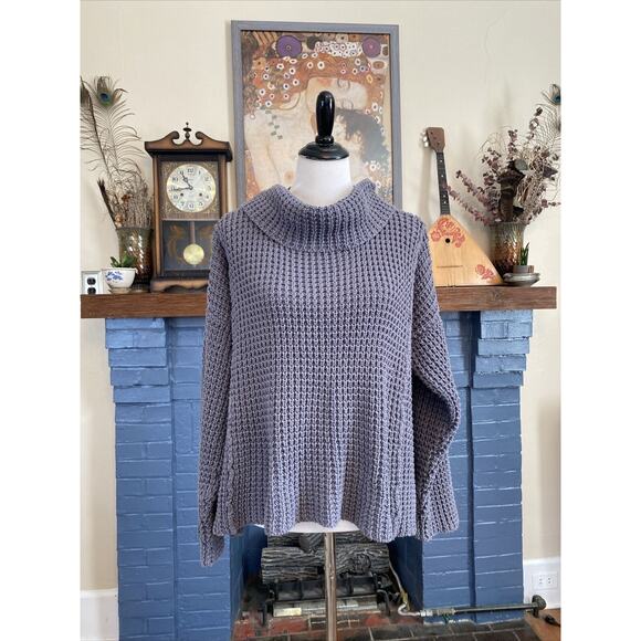Pure M/ L Handknit Chunky Knit 100% Cotton Sweater Gray Cowl Neck Lagenlook - Picture 1 of 14